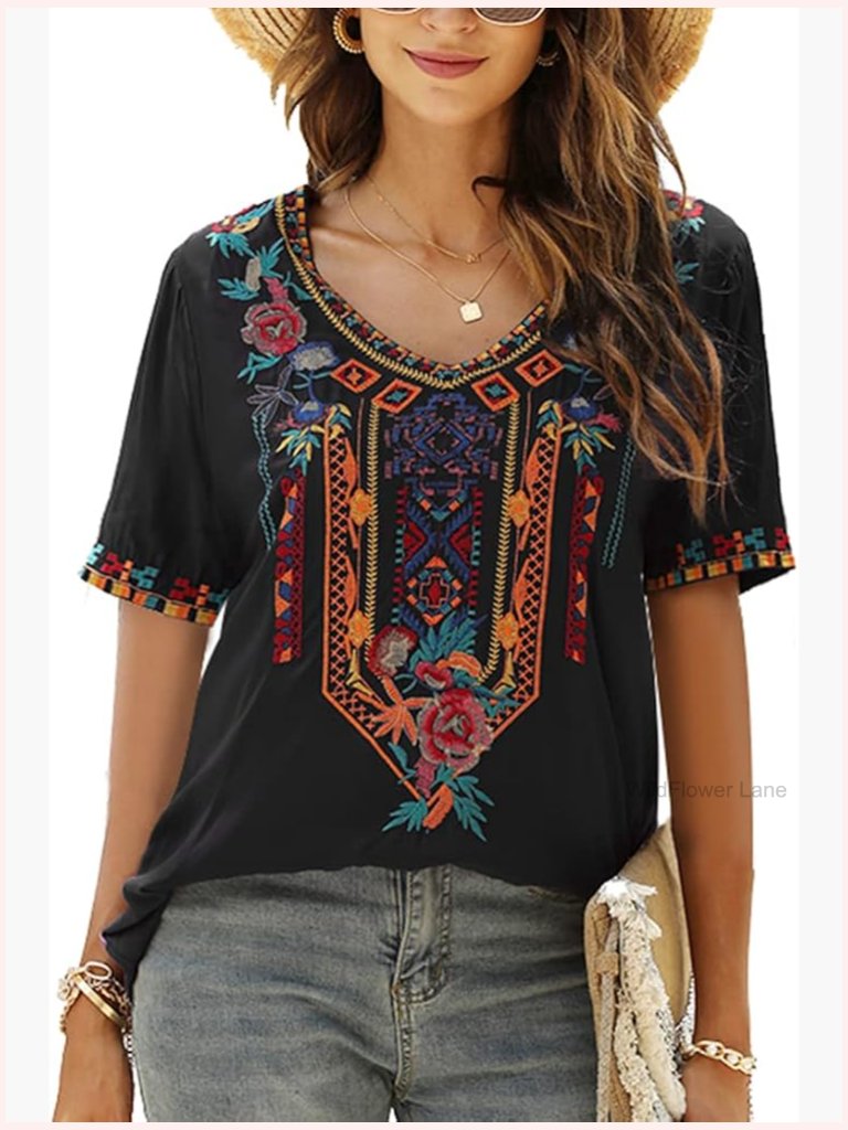 Boho Embroidered Peasant Top, Short Sleeve V-Neck Tunic, Summer Casual Blouse